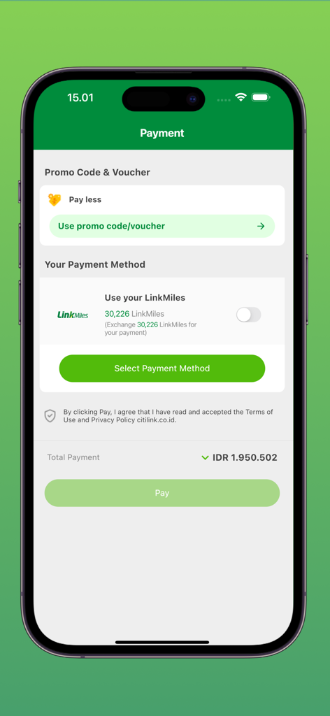 Pantalla de pago de la aplicación móvil Citilink con opciones para códigos promocionales, vales y selección de LinkMiles