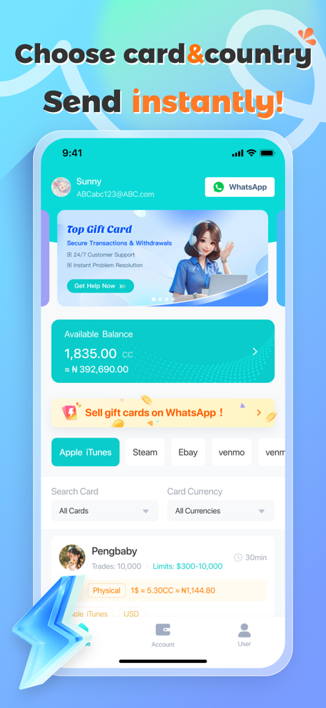 Top Gift Card - Top Gift Card mobile app interface showing user balance and card trading options
