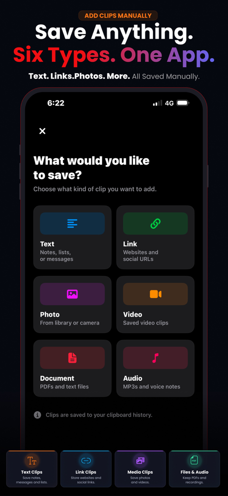 ClipBox – Copy & Paste Manager - Interfaz de la aplicación ClipBox que muestra opciones para guardar manualmente texto, enlaces, fotos, vídeos, documentos y audio