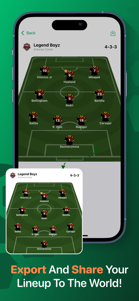 Un smartphone mostrando una alineación de equipo de fútbol con una formación 4-3-3 y una vista previa de exportación gráfica.