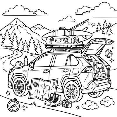 Embark on an exciting journey with our Hybrid Car Vacation coloring page, perfect for eco-conscious adventurers of all ages. This detailed template showcases a fully packed hybrid vehicle ready to explore scenic mountains and winding roads.