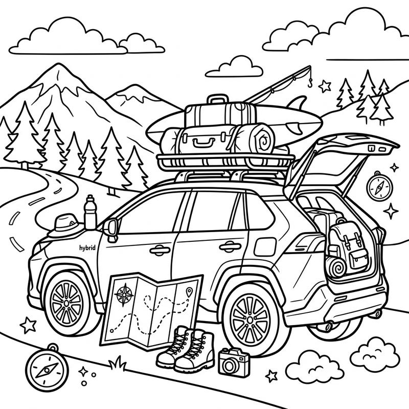 Embark on an exciting journey with our Hybrid Car Vacation coloring page, perfect for eco-conscious adventurers of all ages. This detailed template showcases a fully packed hybrid vehicle ready to explore scenic mountains and winding roads.