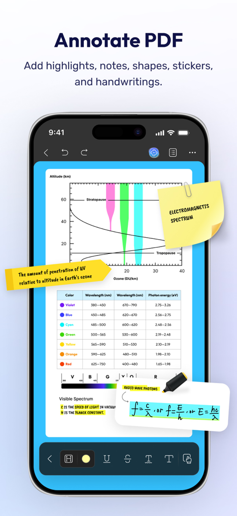 UPDF-App-Oberfläche mit PDF-Annotation-Funktionen, einschließlich Hervorhebungen, Haftnotizen und handgeschriebenen Notizen zu einem wissenschaftlichen Dokument