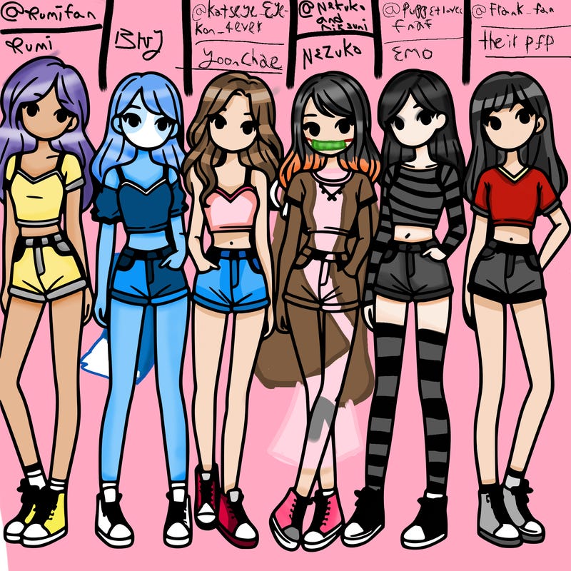 a group of girls wearing crop tops and shorts