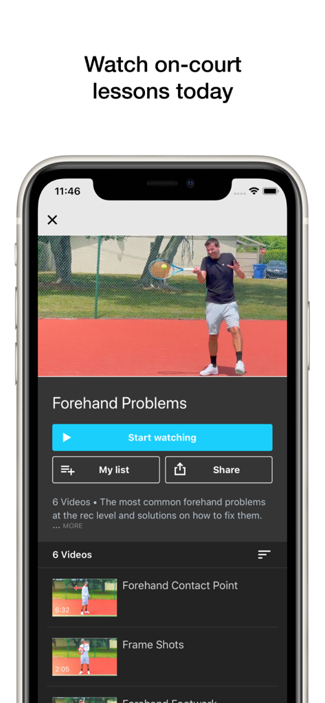 Intuitive Tennis - Screenshot of the Intuitive Tennis app showing a video playlist for fixing common forehand problems on a mobile phone interface.