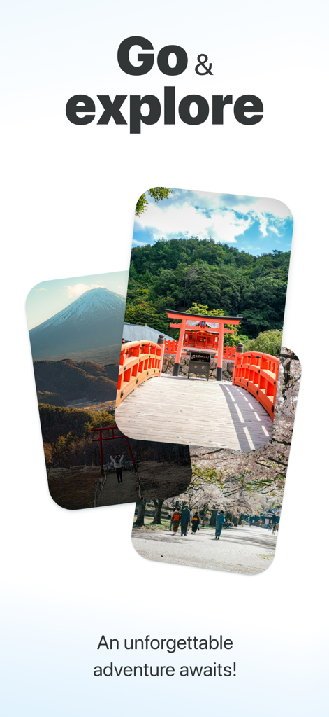 TourRadar: Tours & Adventures - Pantalla de la aplicación TourRadar mostrando texto 'Go and Explore' con fotos del Monte Fuji, una puerta Torii roja y flores de cerezo en Japón