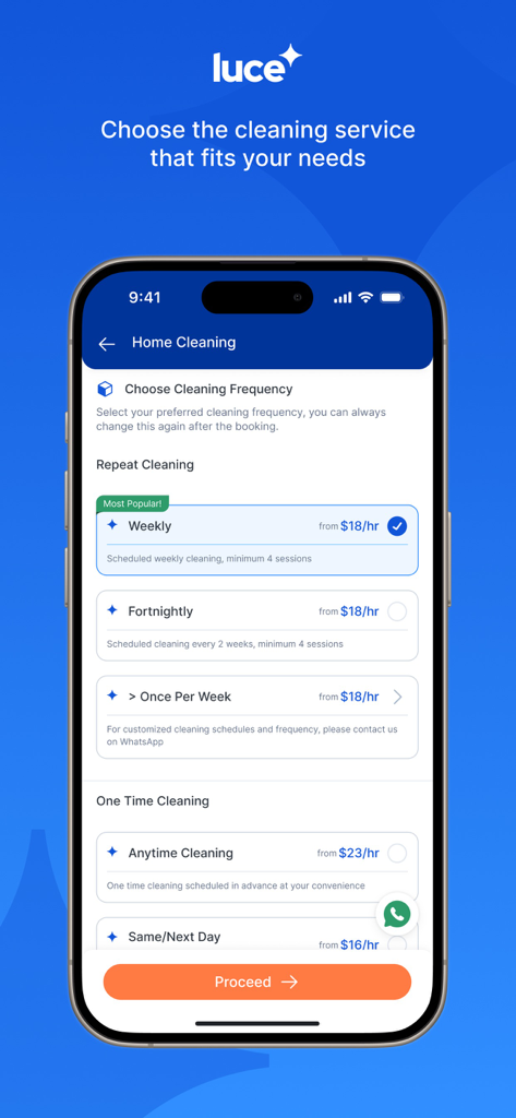 Luce App - Mobile app screen for selecting home cleaning frequency and scheduling