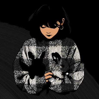 realistic girl with messy bunny baggy sweatshirt and holding bunnies