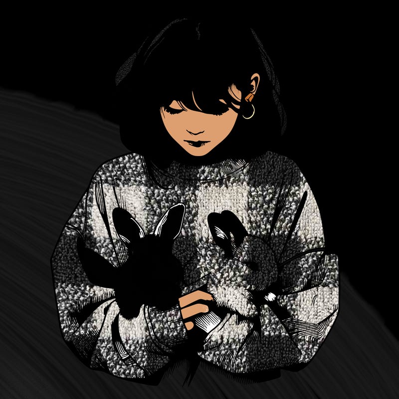 realistic girl with messy bunny baggy sweatshirt and holding bunnies