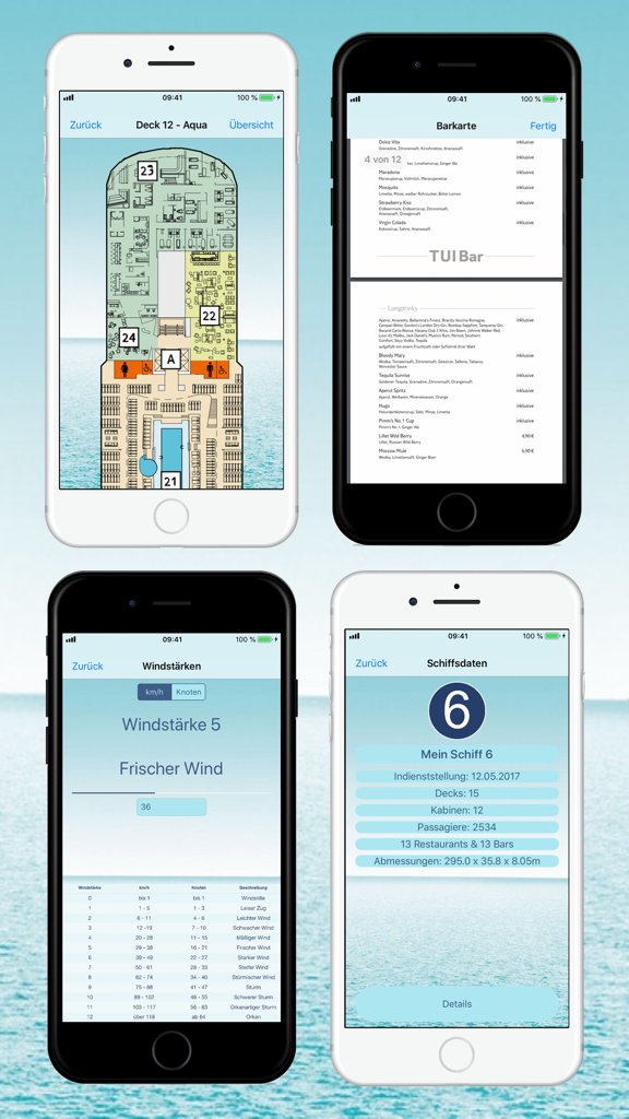 Schermi dell'interfaccia dell'app Mein Schiff 6 Bordfinder che mostrano piani ponte, menu dei bar, dati sulla velocità del vento e fatti sulla nave