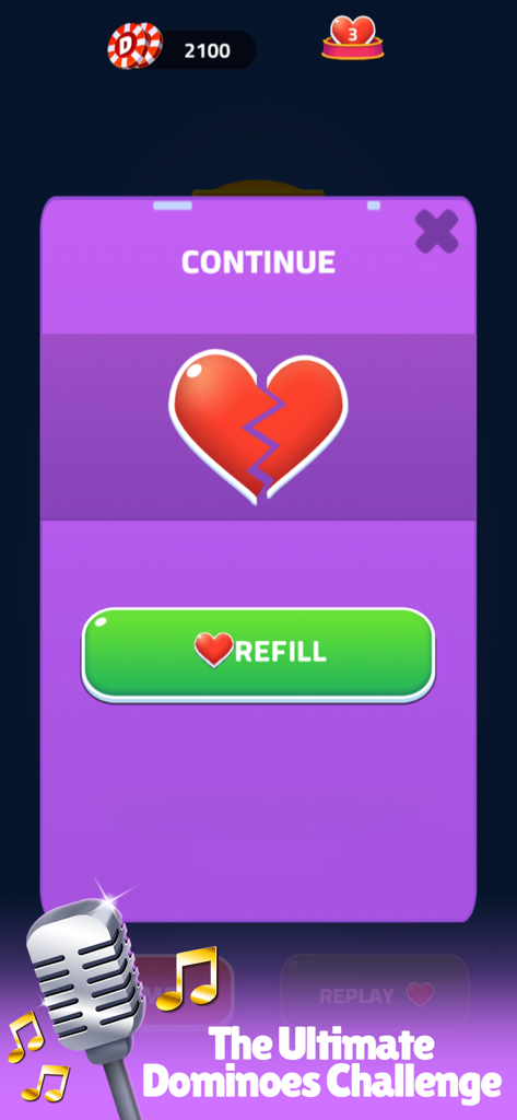 Pantalla de continuación en la aplicación Dominoes Infinite que muestra un ícono de corazón roto y un botón verde de recarga.