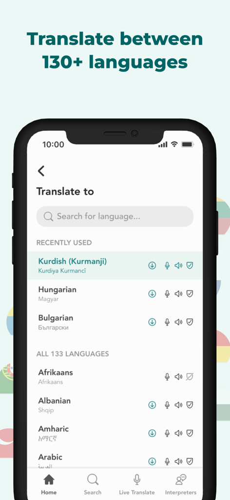 Care to Translate app interface displaying a list of over 130 languages for medical translation