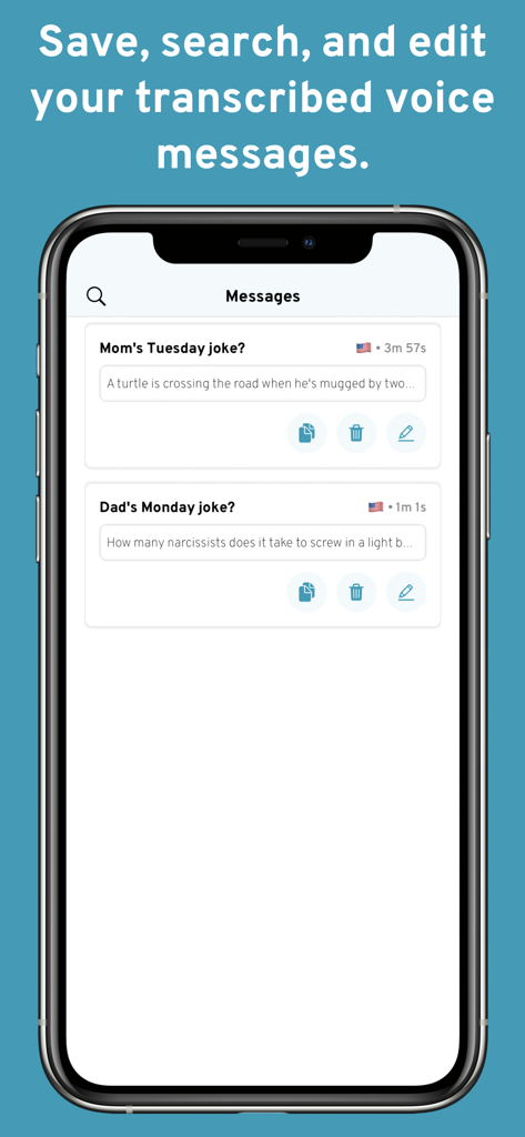 transcriptor for WhatsApp - Tela do iPhone exibindo uma lista de mensagens de voz transcritas com opções para salvar, pesquisar e editar no aplicativo transcritor