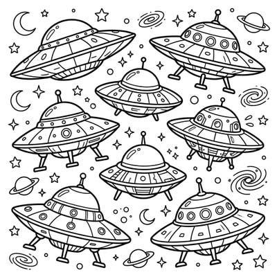 Get ready for an interstellar adventure with this fun UFO coloring page designed especially for kids! Featuring multiple friendly saucer-shaped spaceships and cosmic elements, it's perfect for sparking young imaginations.