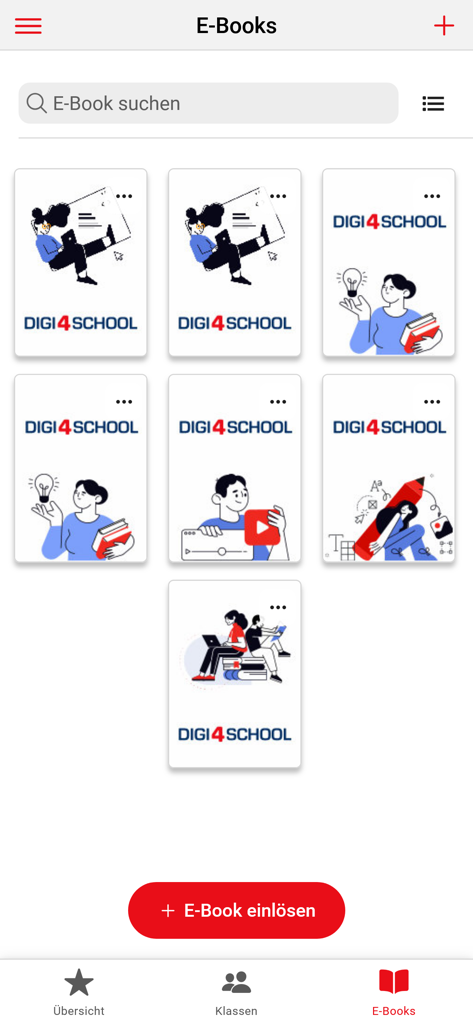 Un'interfaccia di libreria digitale nell'app digi4school che mostra una griglia di libri di testo disponibili e una barra di ricerca.