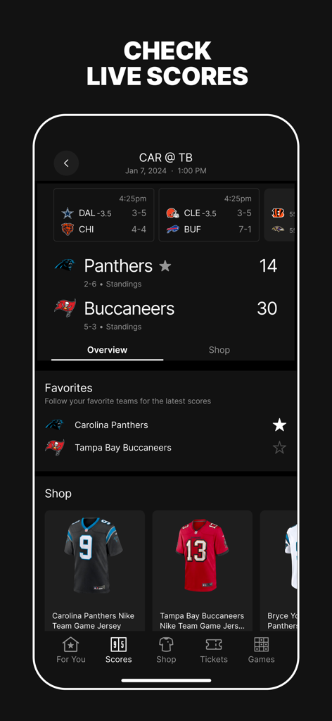 Fanatics mobile app interface showing live NFL scores for Panthers and Buccaneers with team jerseys in the shop section.