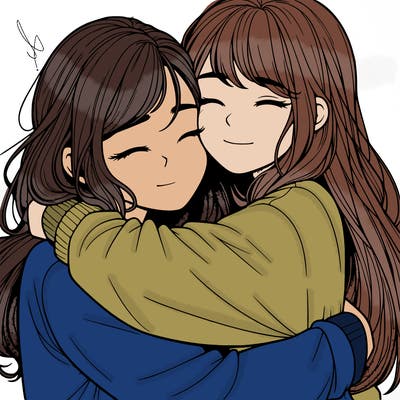 realistic two girls hugging