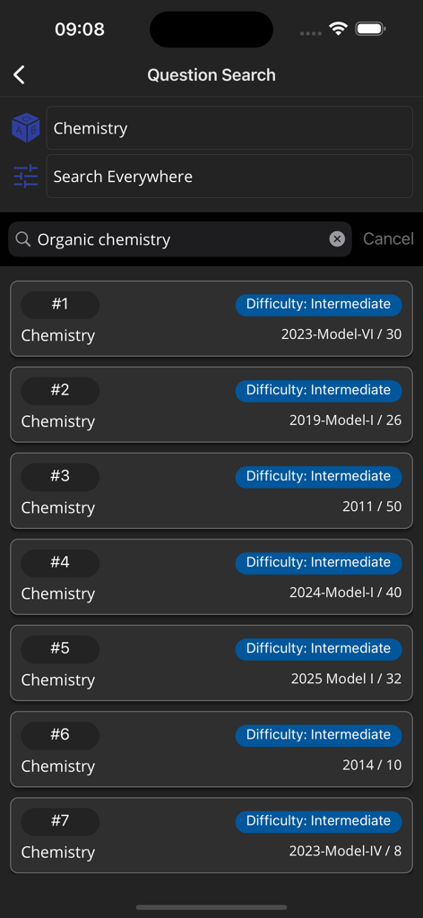 O3SCHOOLS JAMB APP - Interfaz de búsqueda de preguntas de la aplicación O3SCHOOLS JAMB que muestra resultados de química orgánica con niveles de dificultad intermedios y años de examen
