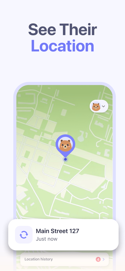 Kidsee parental control app showing real-time child location tracking on a map interface