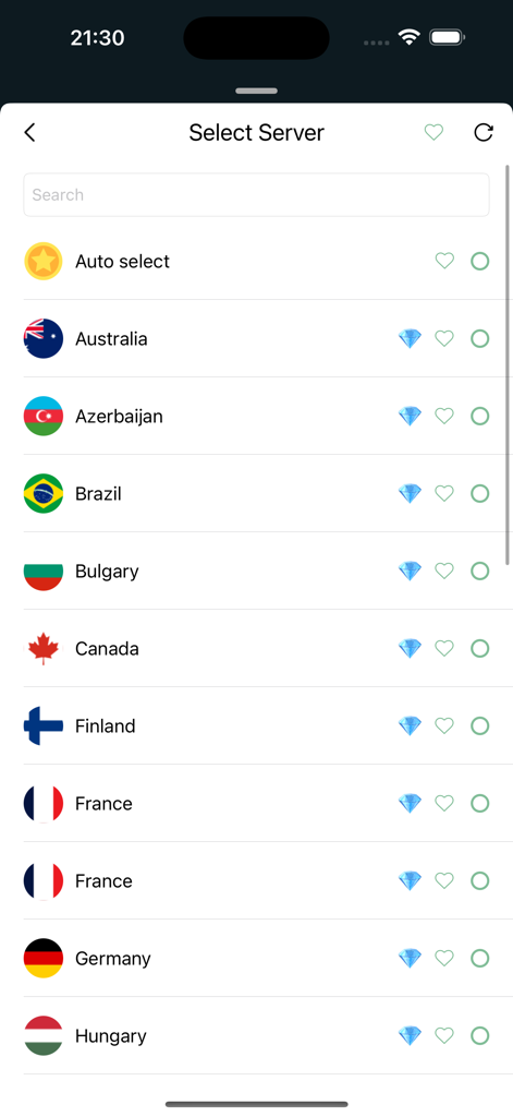 A list of international VPN server locations including Canada France and Germany in the Secure VPN app interface