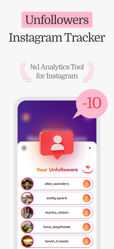 Instagram unfollowers: tracker - Screenshot of Instagram Unfollowers Tracker app showing a list of users who unfollowed the account