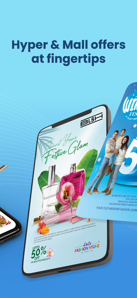 LuLu Happiness - Smartphone screen showing LuLu Happiness app with festive fashion and hypermarket shopping offers.