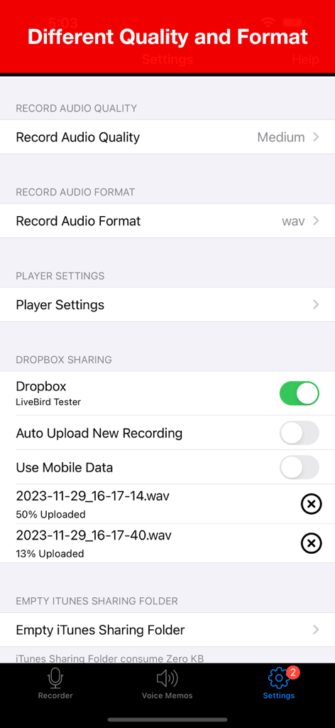 Voice Recorder - Audio Record - Voice Recorder app settings screen showing options for audio quality format and Dropbox cloud synchronization