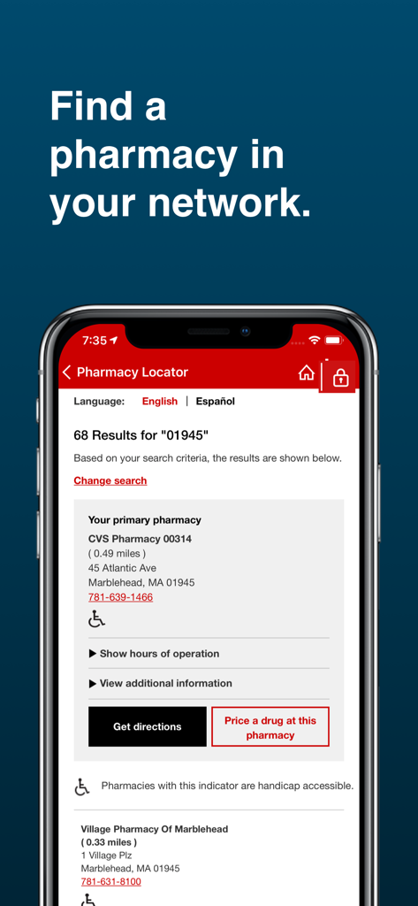 CVS Caremark mobile app showing a list of nearby pharmacies in the network with address and directions