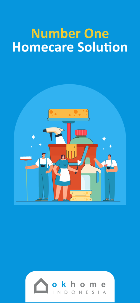 OKHOME - Illustration von professionellem Reinigungspersonal und Ausrüstung für die OKHOME-Haushaltsreinigungsservices