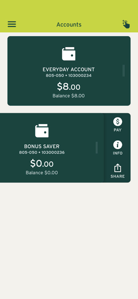 People's Choice Credit Union - Mobile banking dashboard showing Everyday Account and Bonus Saver balances with quick actions for payments and account info.