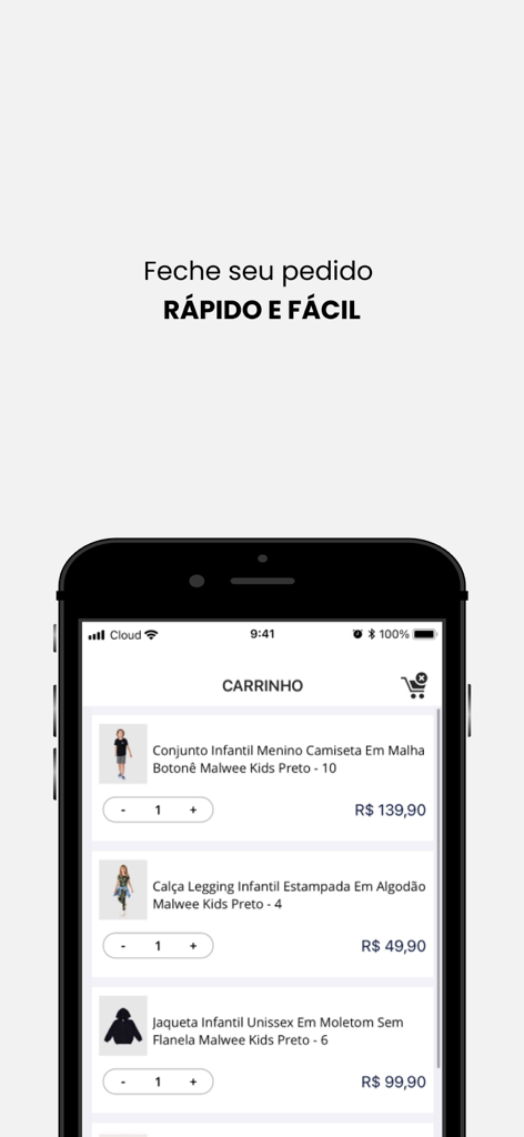 Malwee - Malwee app shopping cart interface showing children's clothing items and quick checkout message in Portuguese