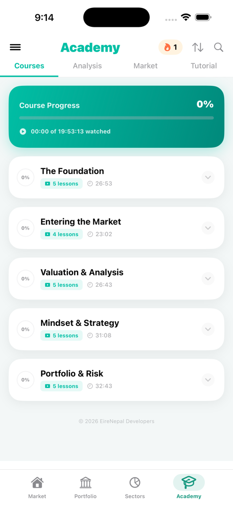 Mero Share Khata - メロシェアカタアプリのアカデミー画面。ネパール証券取引所のさまざまな投資コースが表示されています。