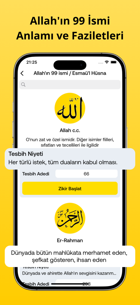 Zikirmatik - Tesbih sayaç - Digital tasbih app screen displaying the 99 names of Allah with their meanings and a start zikir button.