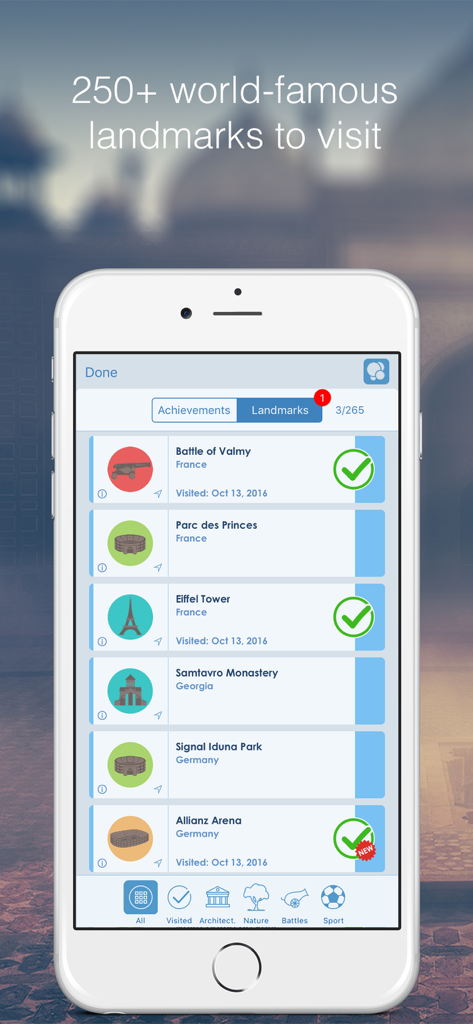 Eine Liste globaler Sehenswürdigkeiten in der World Uncovered App mit Besuchsstatus und Erreicht-Daten.