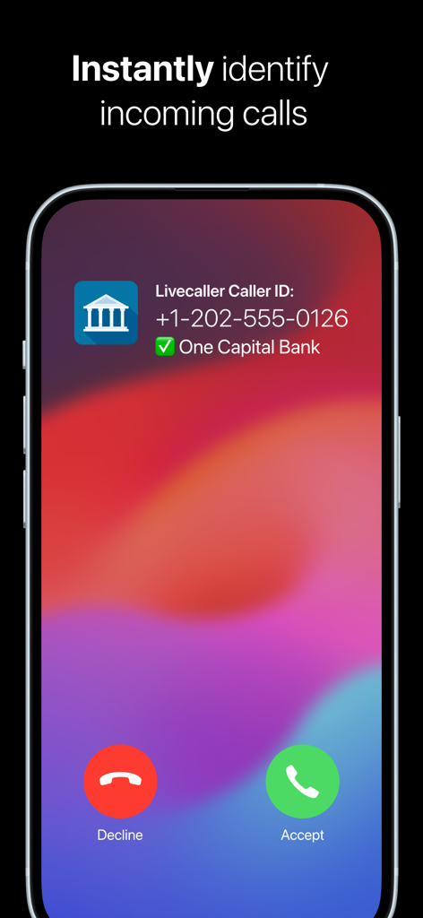 Livecaller: Live Caller ID - La aplicación Livecaller identifica una llamada entrante de un banco en iPhone