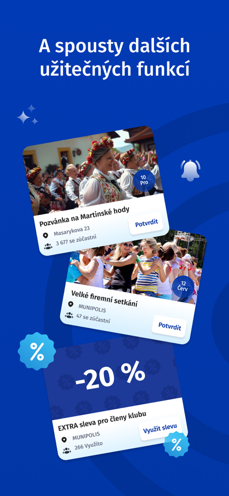 Écran de l'application MUNIPOLIS montrant des invitations à des événements communautaires et des réductions pour les membres locaux