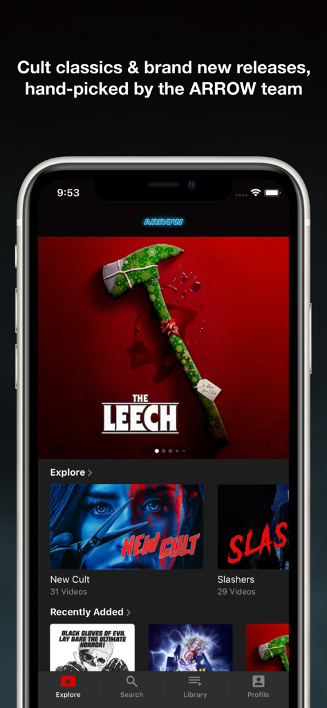 ARROW Player - Tela do aplicativo ARROW Player exibindo coleções curadas de filmes cult como New Cult e Slashers
