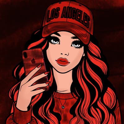 realistic beautiful girl wearing los ángeles cap holding an iphone