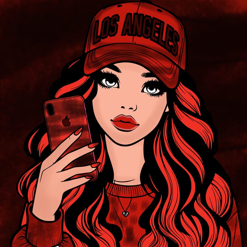 realistic beautiful girl wearing los ángeles cap holding an iphone