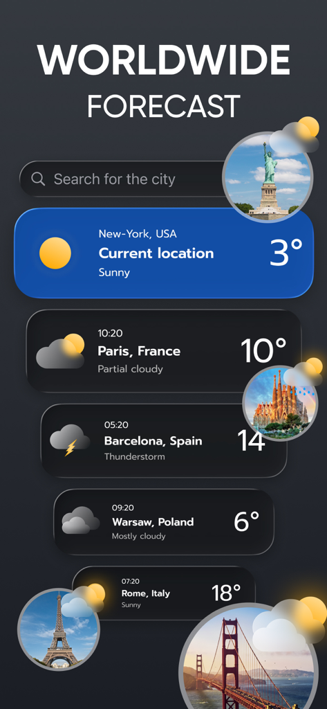 Weather Radar - Forecast NOAA - A mobile app screen displaying current weather forecasts for multiple global cities including New York Paris and Barcelona