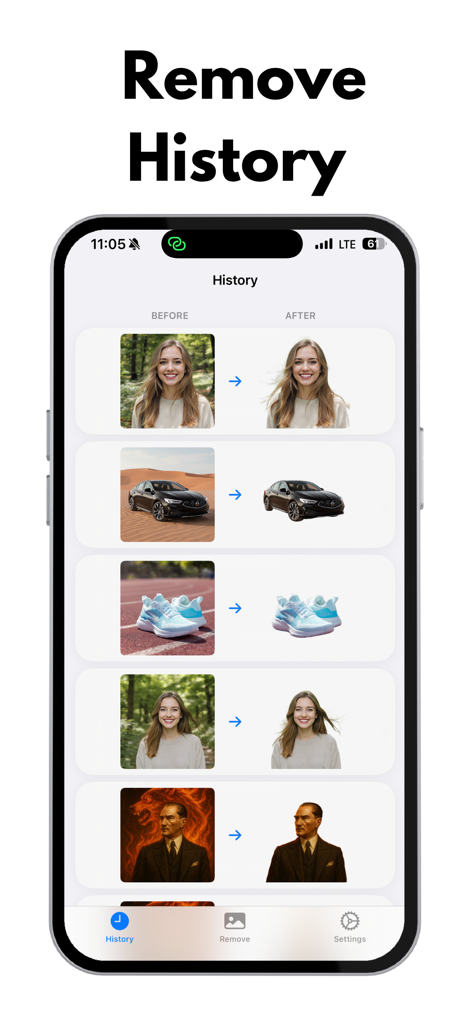 Background Eraser - Remover AI - Pantalla de historial que muestra el antes y después de la eliminación de fondo por IA para varias fotos