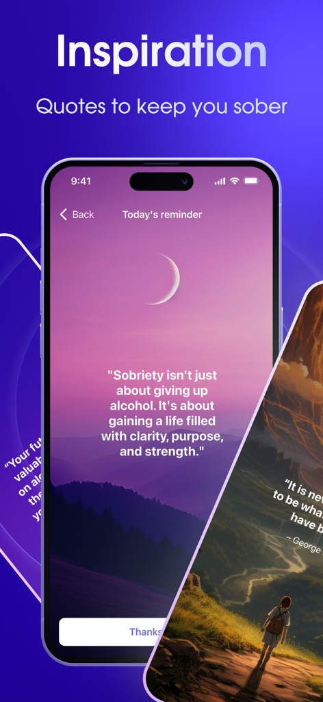 Sober Counter, Alcohol Tracker - Ein Smartphone, das den Inspirationsbildschirm der ReSober App mit einem motivierenden Zitat über Nüchternheit vor einem malerischen Berg- und Mondhintergrund zeigt.
