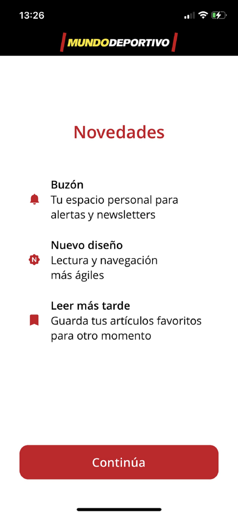 Mundo Deportivo app screen showing new features including personal alerts, new design, and save for later functionality
