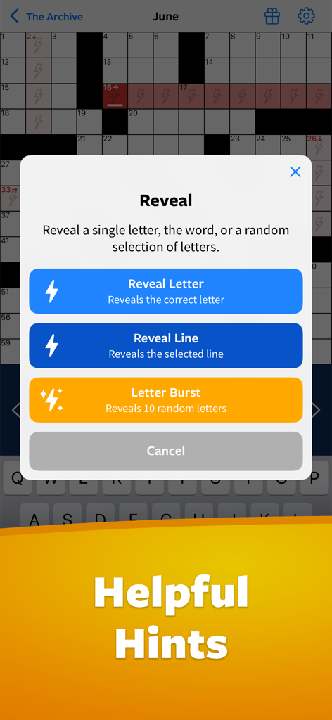 Crossword plus app showing the reveal menu with helpful hints for solving puzzles