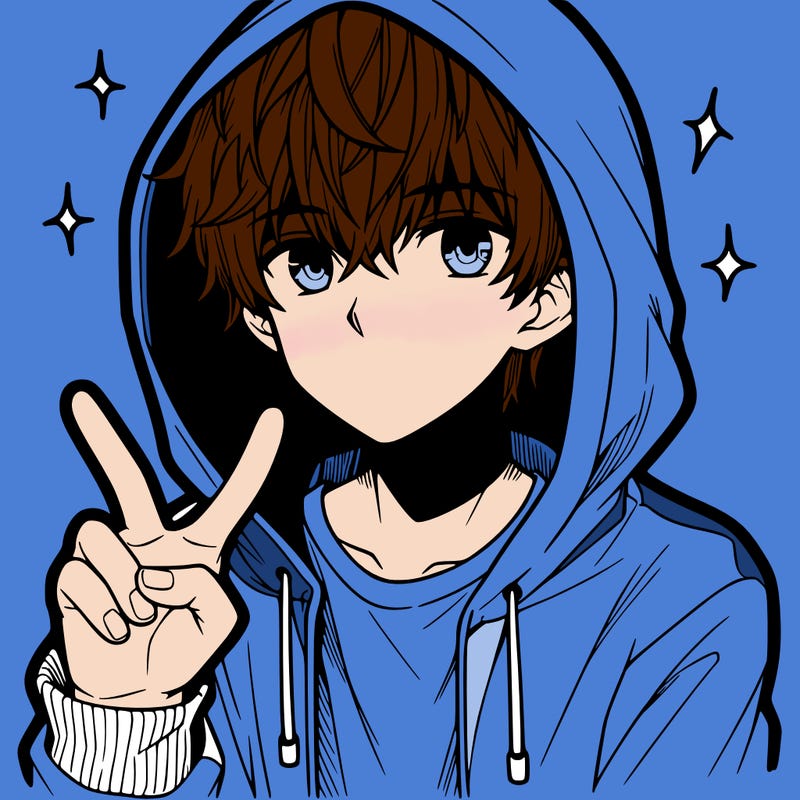 teenage manga boy in a hoodie, doing ✌