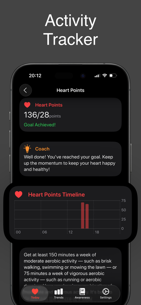 CardioBot app activity tracker dashboard showing heart points achievement and daily timeline.