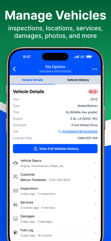 Plate Lookup: VIN Check - Smartphone screen showing vehicle specs and history for a Kia Optima in the Plate Lookup app