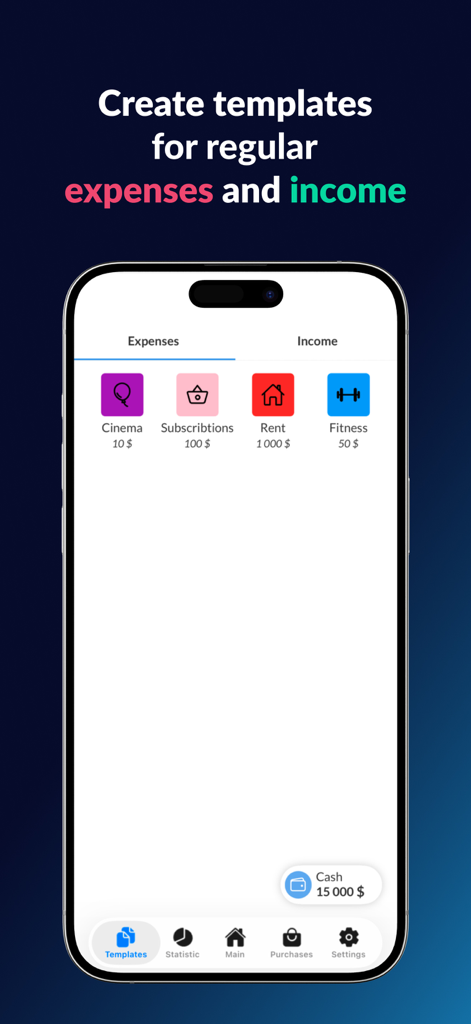 Ein mobiler Bildschirm aus der Finatics App, der anpassbare Vorlagen für regelmäßige Ausgaben wie Kino, Abonnements, Miete und Fitness zeigt.