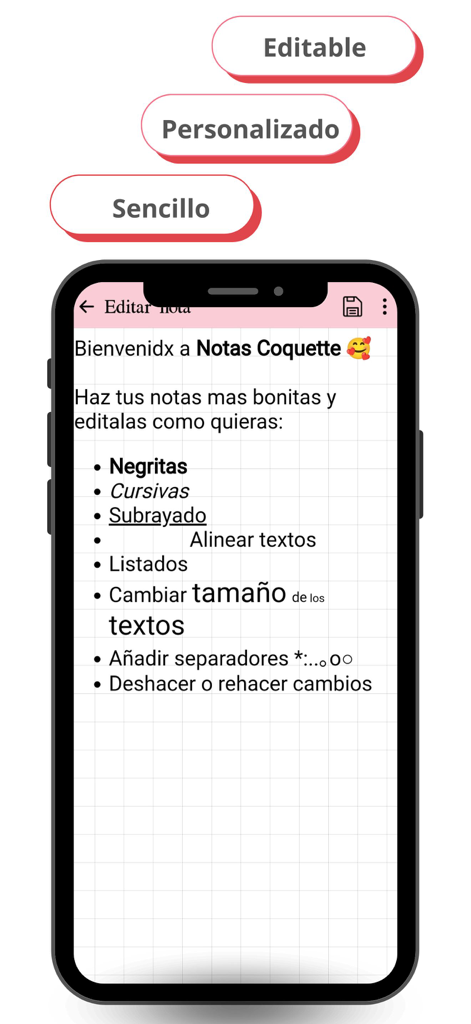 Pantalla de teléfono móvil mostrando opciones de personalización de texto en la app Notas Coquette