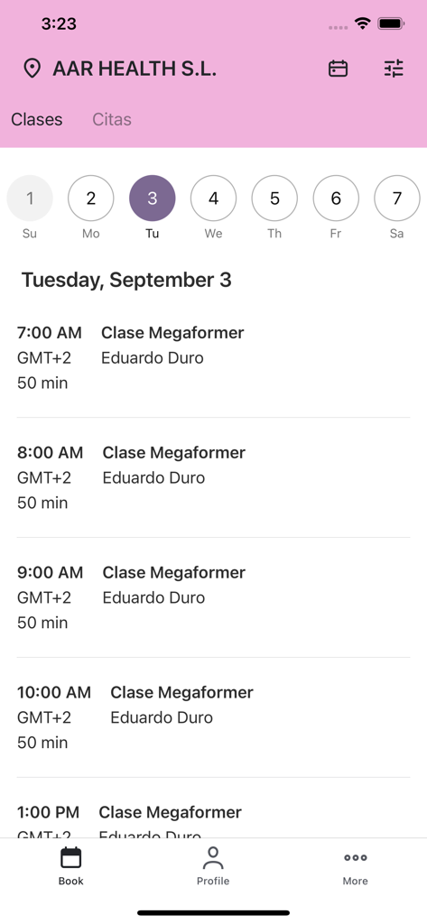 AAR METHOD - AAR Method app interface showing a schedule of Megaformer fitness classes for online booking